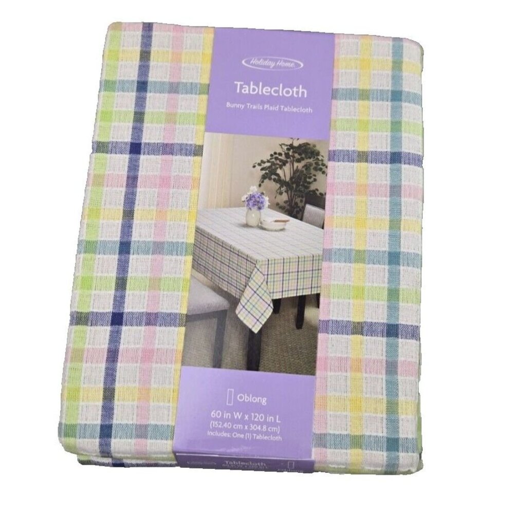 HOLIDAY HOME Spring Easter Cotton Bunny  Trails Plaid Tablecloth 60” X 120”